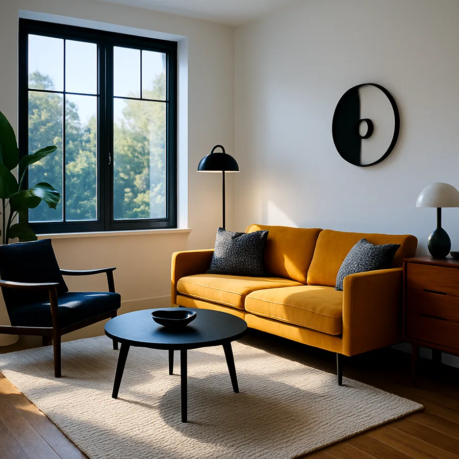 a beautifully designed modern living room with natural light