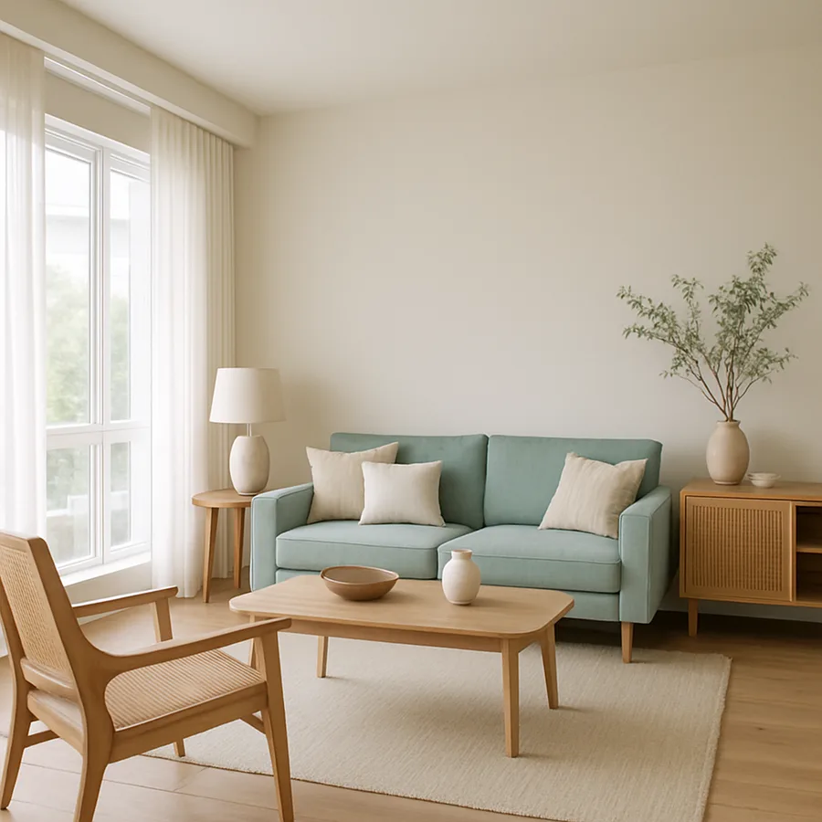 a beautifully designed modern living room with natural light