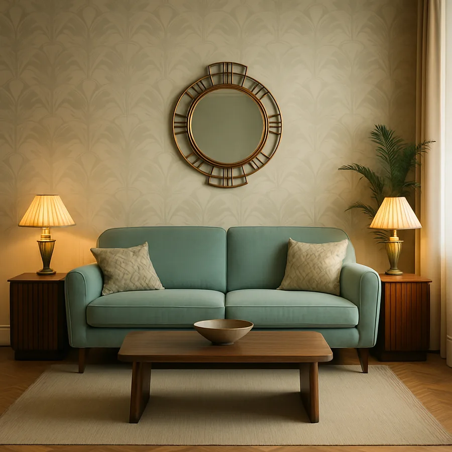 a classic Art Deco living room with geometric patterns and rich colors