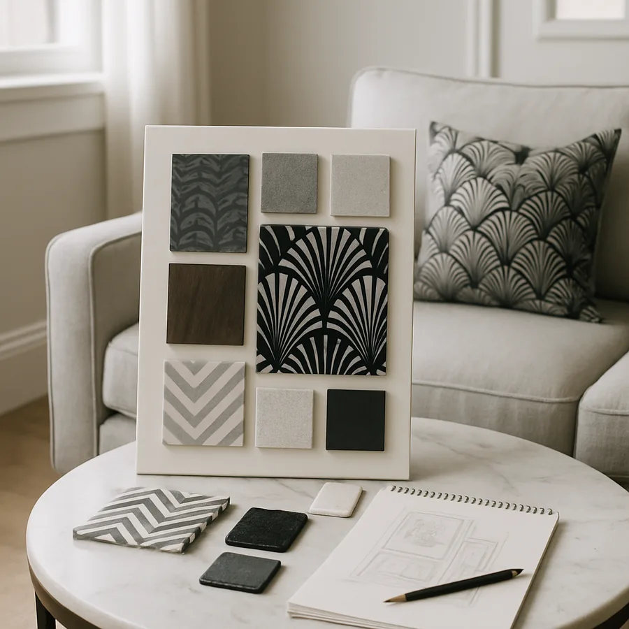 a mood board featuring Art Deco elements such as patterns, colors, and textures
