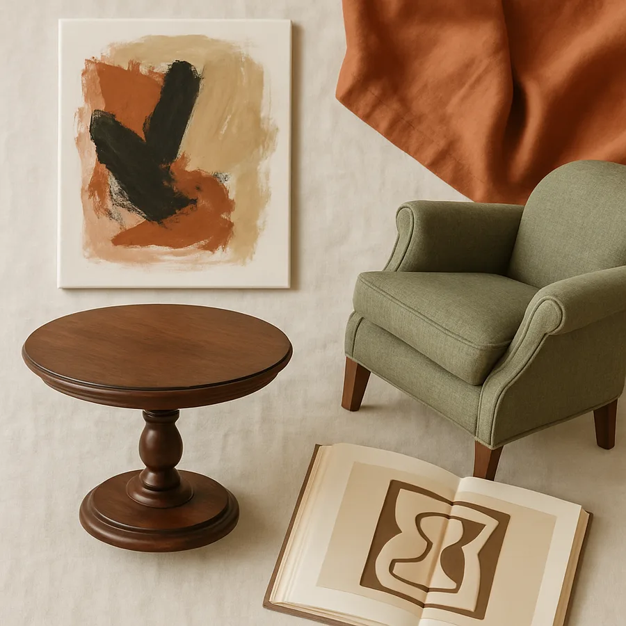 a home with a mix of classic furniture and modern art