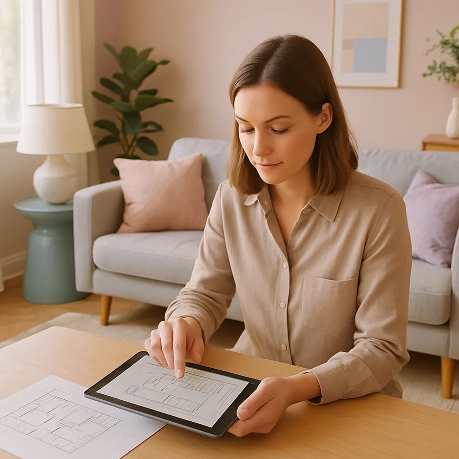 a designer working with a digital tablet on a room layout
