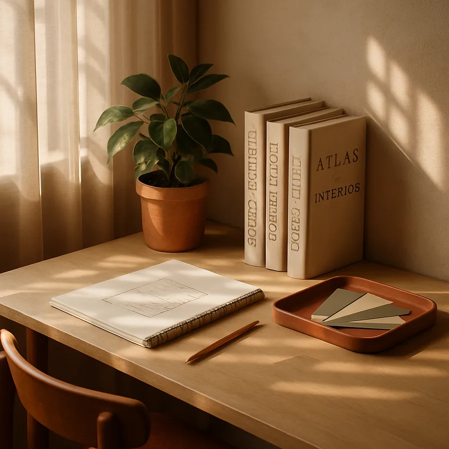 a well-organized study space with design books and materials