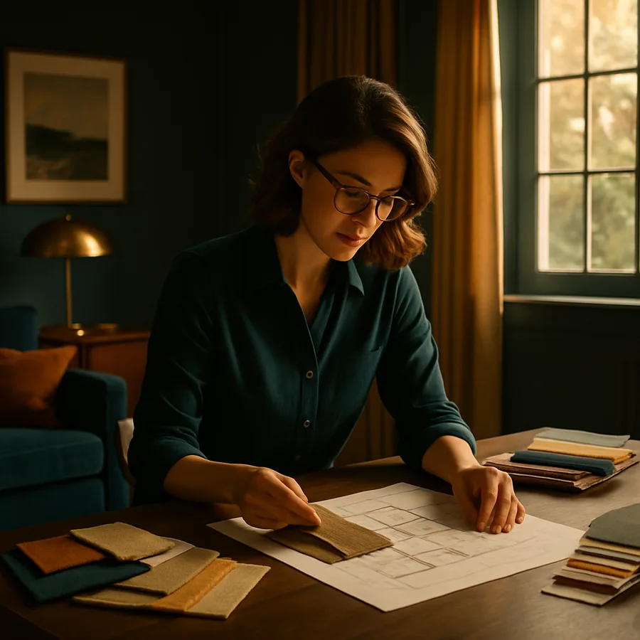 a designer at work with fabric swatches and design plans