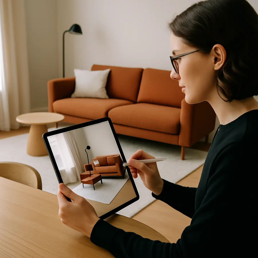 a designer working on a digital tablet with AR/VR visualization tools