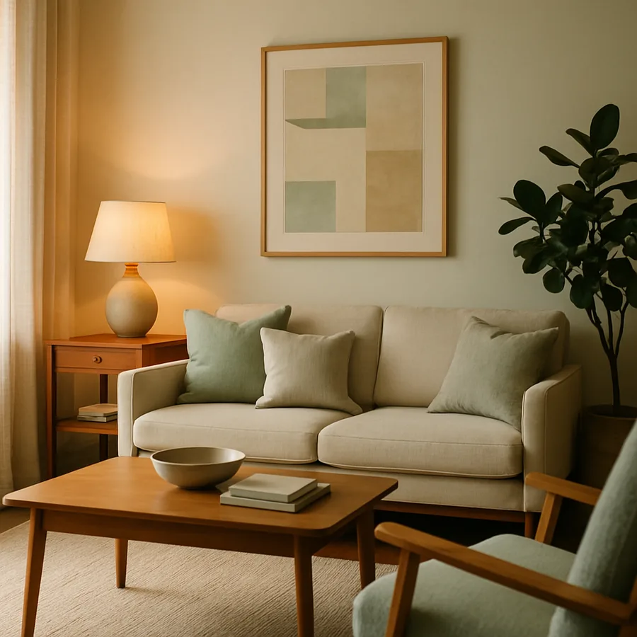 a cozy living room with layered lighting and neutral tones