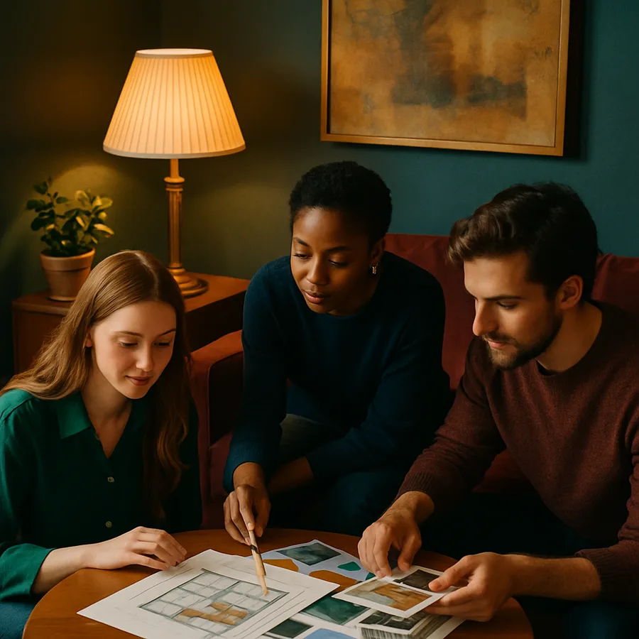 a group of interior design interns collaborating on a project