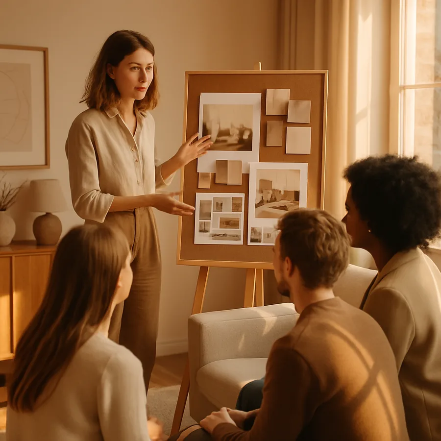 a young designer presenting a concept board to a team