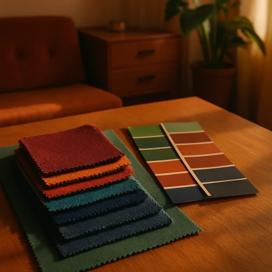 a color palette with various fabric swatches and paint chips