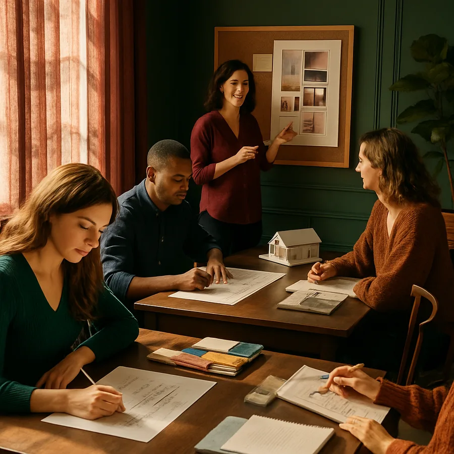 a classroom setting with students learning interior design