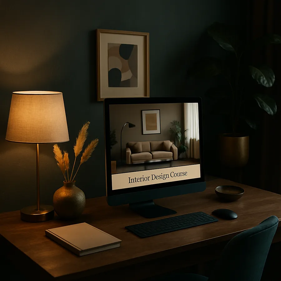 a modern home office setup with a computer displaying an interior design course