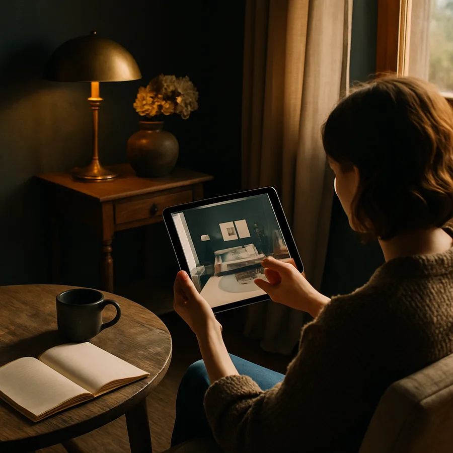 a student engaging with a virtual interior design tool on a tablet