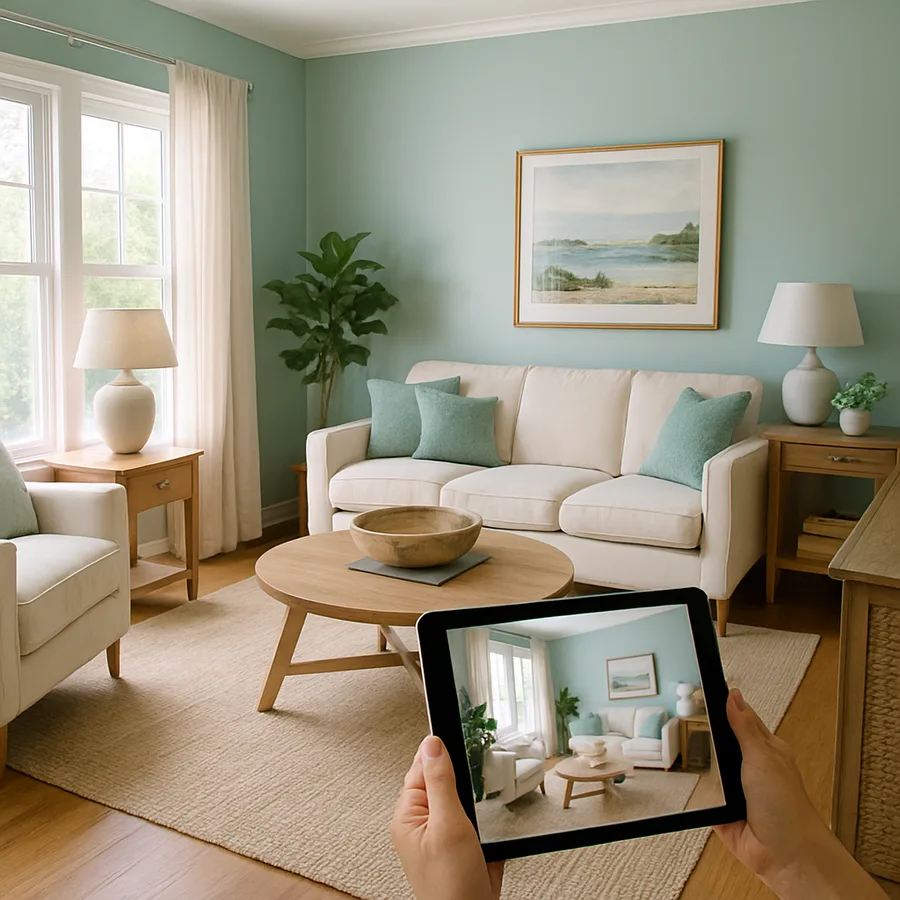 a user interface of an interior design app showing room visualization