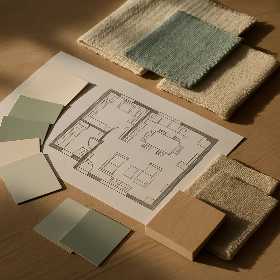 a design plan with color swatches and fabric samples