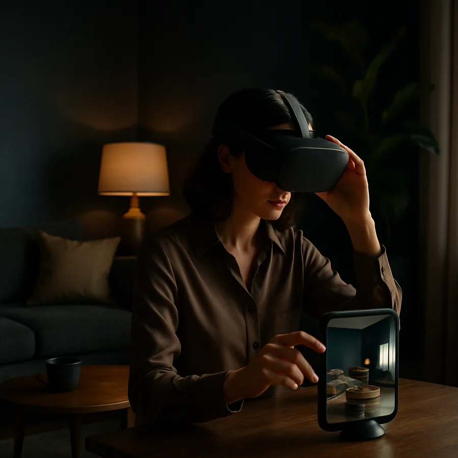 a designer working with AR/VR tools to visualize a room layout